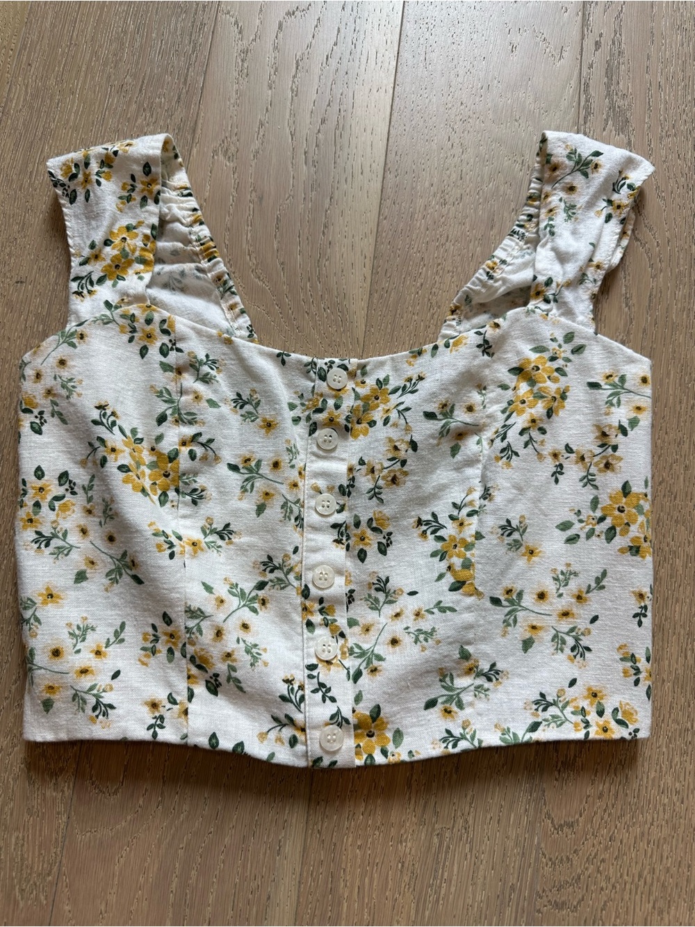 Joie White Cropped Button-Front Floral Tank with Yellow Blossoms